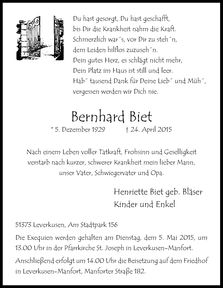  Traueranzeige für Bernhard Biet vom 02.05.2015 aus Kölner Stadt-Anzeiger / Kölnische Rundschau / Express