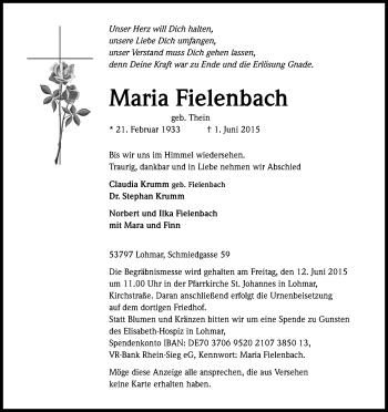 Anzeige von Maria Fielenbach von Kölner Stadt-Anzeiger / Kölnische Rundschau / Express