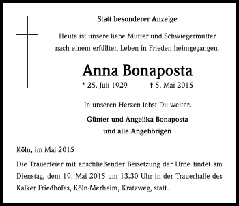 Anzeige von Anna Bonaposta von Kölner Stadt-Anzeiger / Kölnische Rundschau / Express