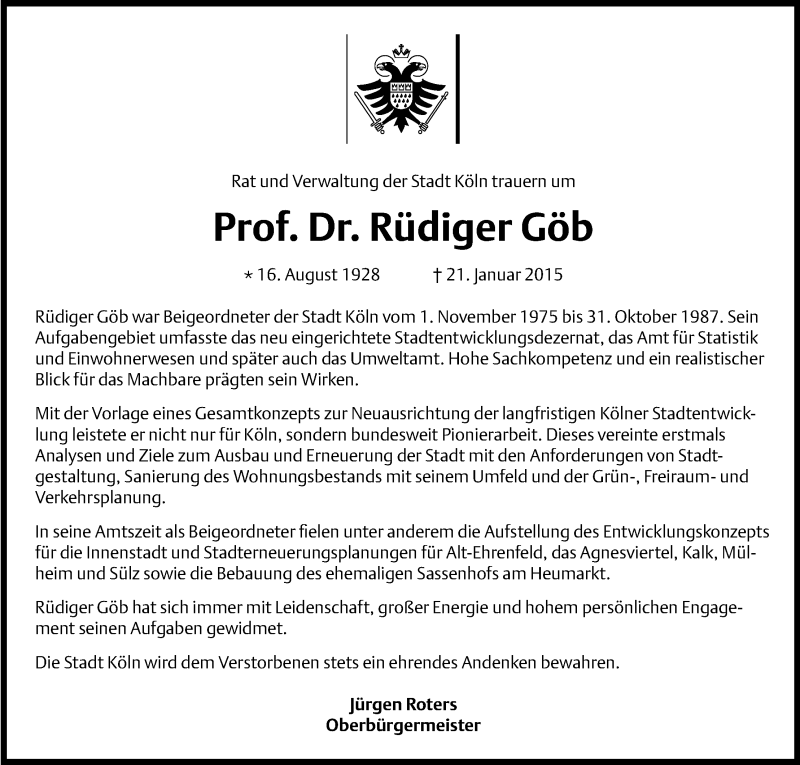  Traueranzeige für Rüdiger Göb vom 31.01.2015 aus Kölner Stadt-Anzeiger / Kölnische Rundschau / Express