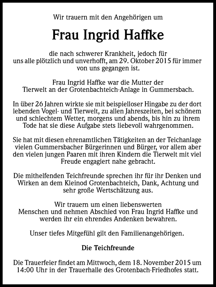  Traueranzeige für Ingrid Haffke vom 14.11.2015 aus Köln - Wir Trauern