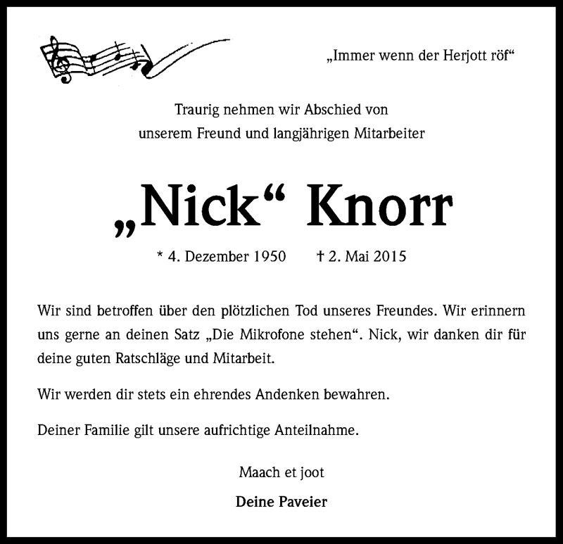  Traueranzeige für Nick Knorr vom 20.05.2015 aus Kölner Stadt-Anzeiger / Kölnische Rundschau / Express