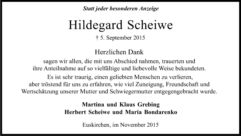  Traueranzeige für Hildegard Scheiwe vom 14.11.2015 aus Köln - Wir Trauern