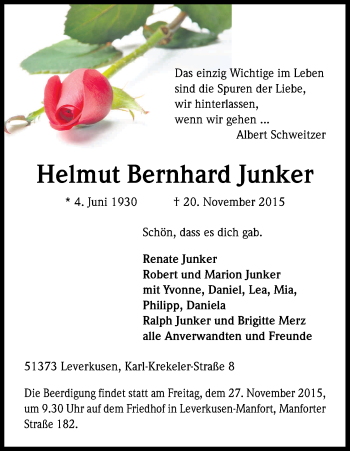 Anzeige von Helmut Bernhard Junker von Kölner Stadt-Anzeiger / Kölnische Rundschau / Express