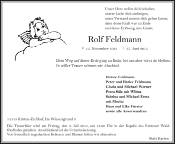 Anzeige von Rolf Feldmann von  Bergisches Handelsblatt 