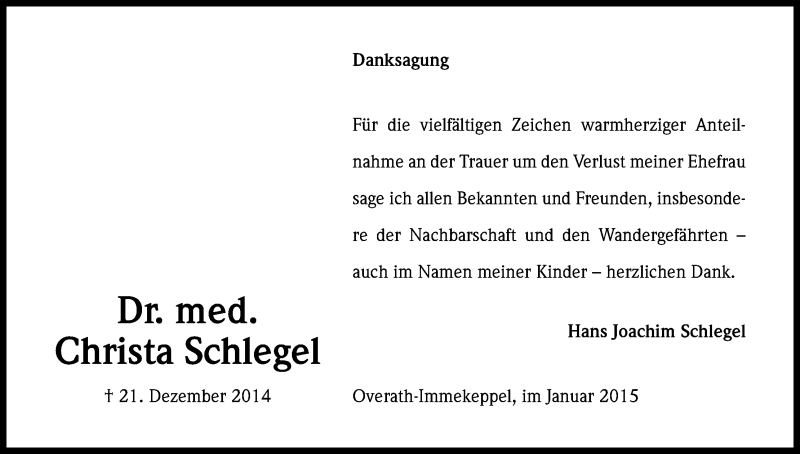  Traueranzeige für Christa Schlegel vom 17.01.2015 aus Kölner Stadt-Anzeiger / Kölnische Rundschau / Express