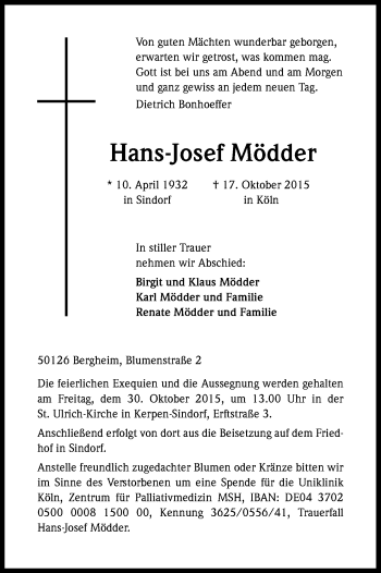 Anzeige von Hans-Josef Mödder von Kölner Stadt-Anzeiger / Kölnische Rundschau / Express