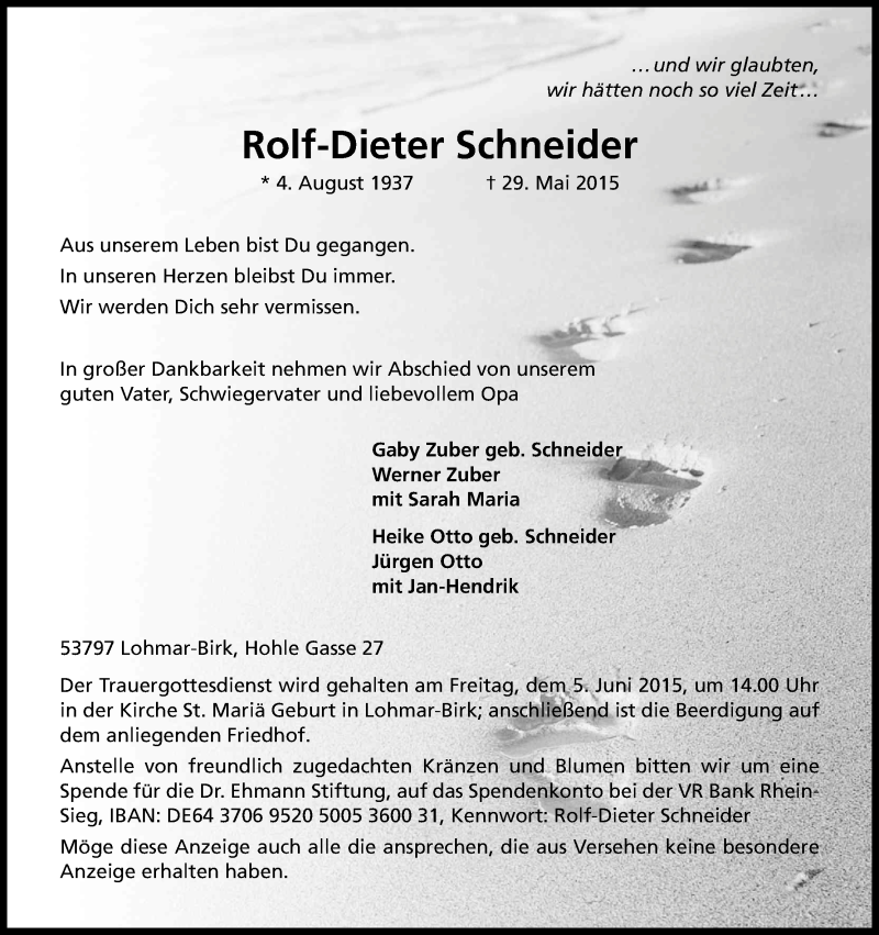  Traueranzeige für Rolf-Dieter Schneider vom 02.06.2015 aus Kölner Stadt-Anzeiger / Kölnische Rundschau / Express