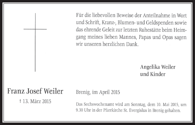  Traueranzeige für Franz Josef Weiler vom 22.04.2015 aus  Schaufenster/Blickpunkt 