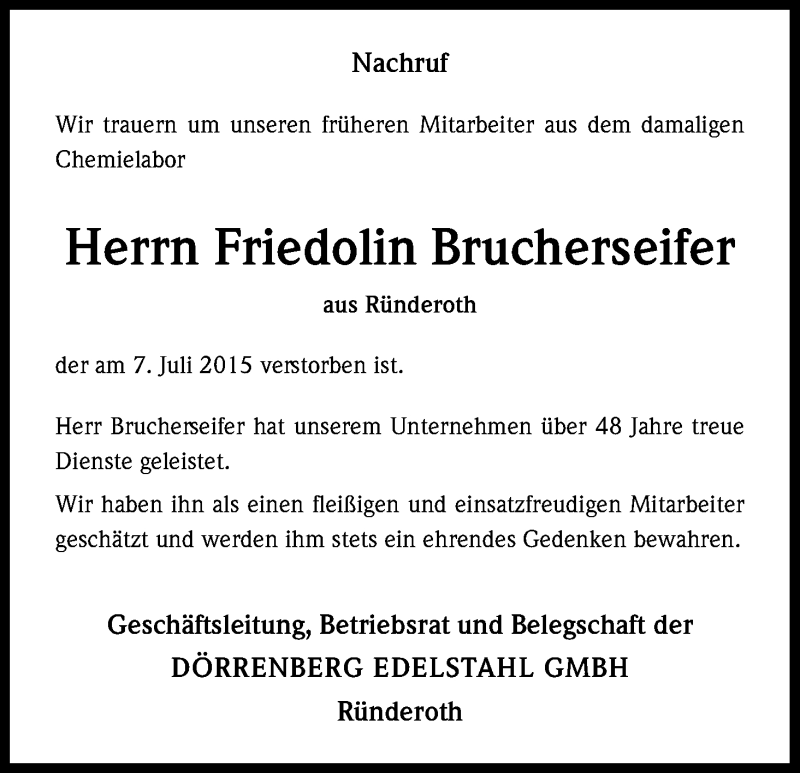  Traueranzeige für Friedolin Brucherseifer vom 14.07.2015 aus Kölner Stadt-Anzeiger / Kölnische Rundschau / Express