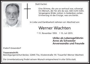 Anzeige von Werner Wachten von  Sonntags-Post 