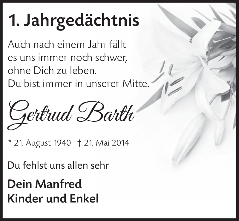  Traueranzeige für Gertrud Barth vom 20.05.2015 aus  Werbepost 