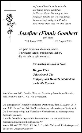 Anzeige von Josefine  Gombert von Kölner Stadt-Anzeiger / Kölnische Rundschau / Express