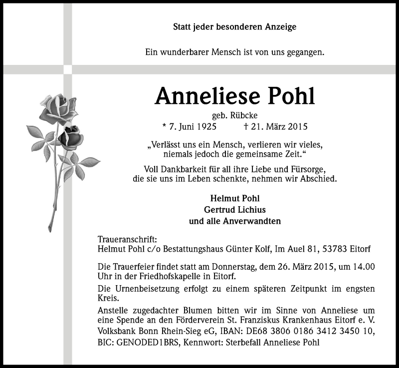  Traueranzeige für Anneliese Pohl vom 24.03.2015 aus Kölner Stadt-Anzeiger / Kölnische Rundschau / Express