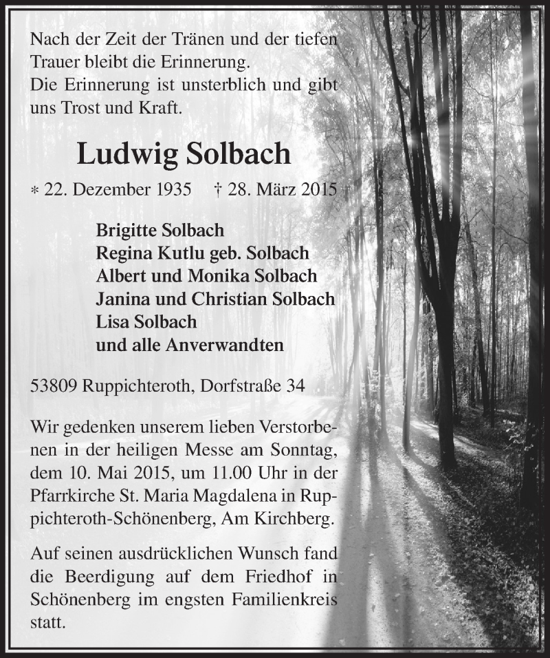  Traueranzeige für Ludwig Solbach vom 29.04.2015 aus  Lokalanzeiger 
