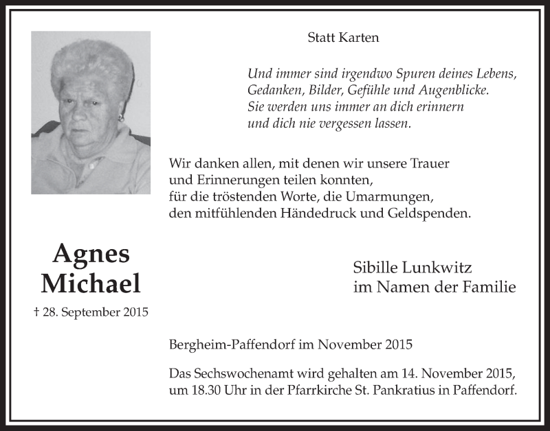  Traueranzeige für Agnes Michael vom 07.11.2015 aus  Sonntags-Post 