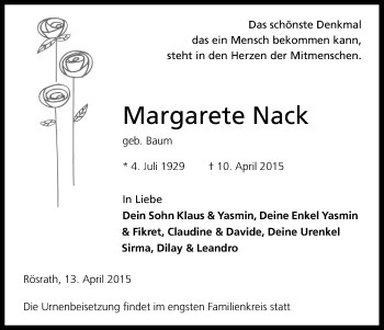 Anzeige von Margarete Nack von Kölner Stadt-Anzeiger / Kölnische Rundschau / Express