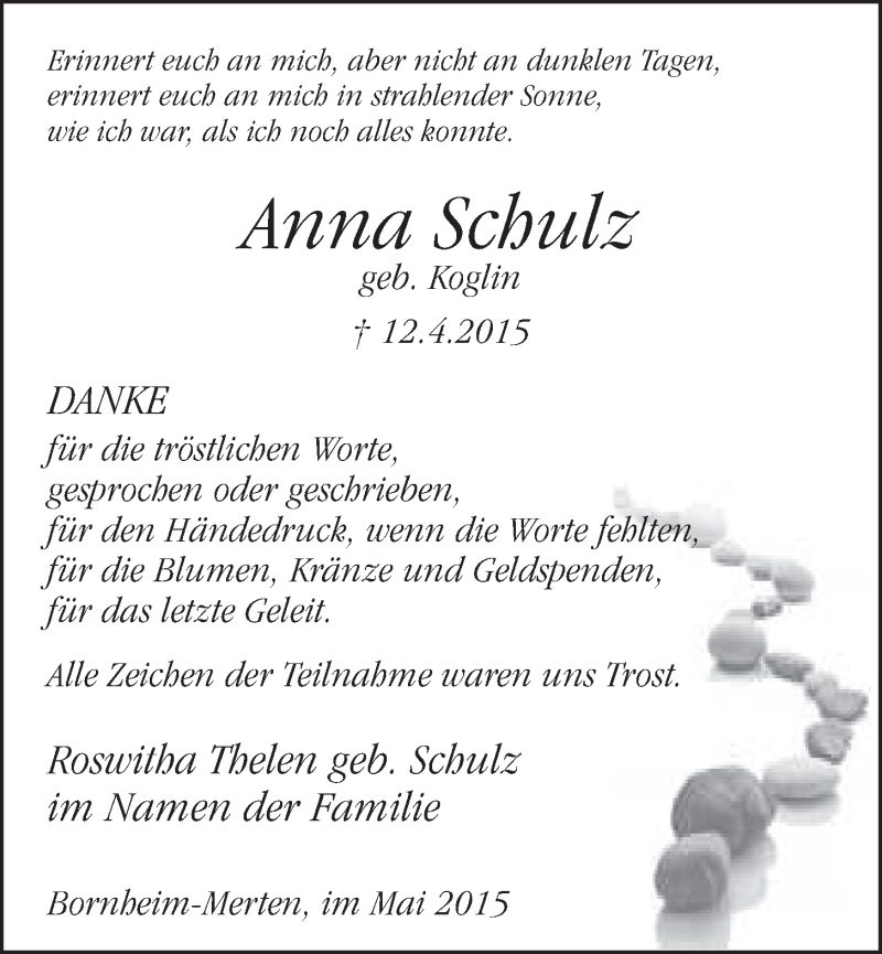  Traueranzeige für Anna Schulz vom 06.05.2015 aus  Schlossbote/Werbekurier 