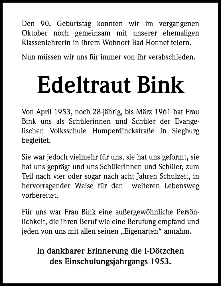  Traueranzeige für Edeltraut Bink vom 11.07.2015 aus Kölner Stadt-Anzeiger / Kölnische Rundschau / Express