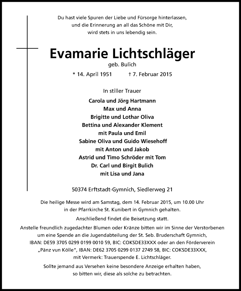  Traueranzeige für Evamarie Lichtschläger vom 11.02.2015 aus Kölner Stadt-Anzeiger / Kölnische Rundschau / Express