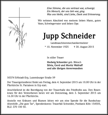 Anzeige von Jupp Schneider von Kölner Stadt-Anzeiger / Kölnische Rundschau / Express