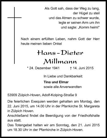 Anzeige von Hans-Dieter Millmann von Kölner Stadt-Anzeiger / Kölnische Rundschau / Express