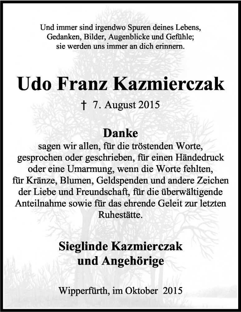  Traueranzeige für Udo Franz Kazmierczak vom 05.10.2015 aus Kölner Stadt-Anzeiger / Kölnische Rundschau / Express