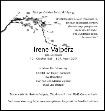 Anzeige von Irene Valperz von Kölner Stadt-Anzeiger / Kölnische Rundschau / Express