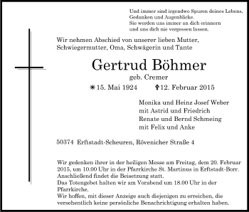 Anzeige von Gertrud Böhmer von Kölner Stadt-Anzeiger / Kölnische Rundschau / Express