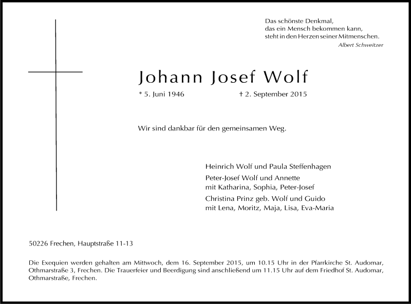  Traueranzeige für Johann Josef Wolf vom 09.09.2015 aus Kölner Stadt-Anzeiger / Kölnische Rundschau / Express