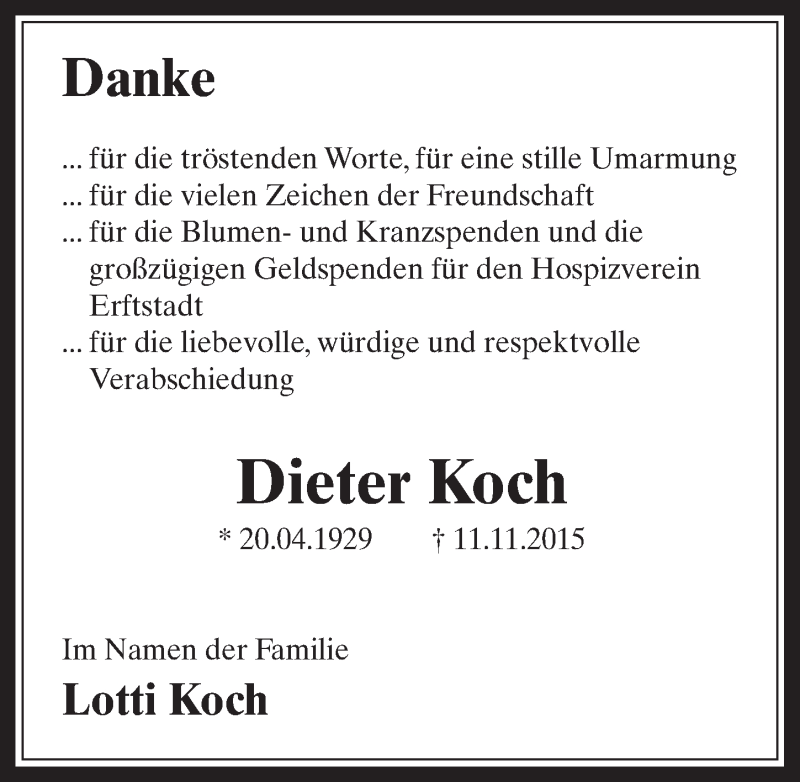  Traueranzeige für Dieter Koch vom 16.12.2015 aus  Werbepost 