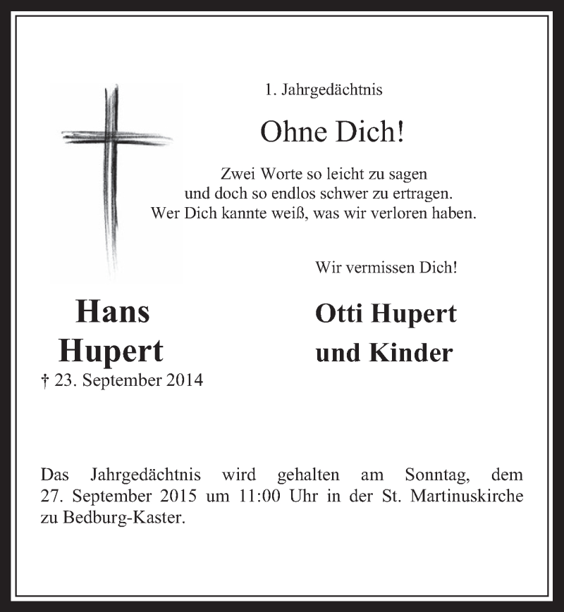  Traueranzeige für Hans Hupert vom 23.09.2015 aus  Werbepost 