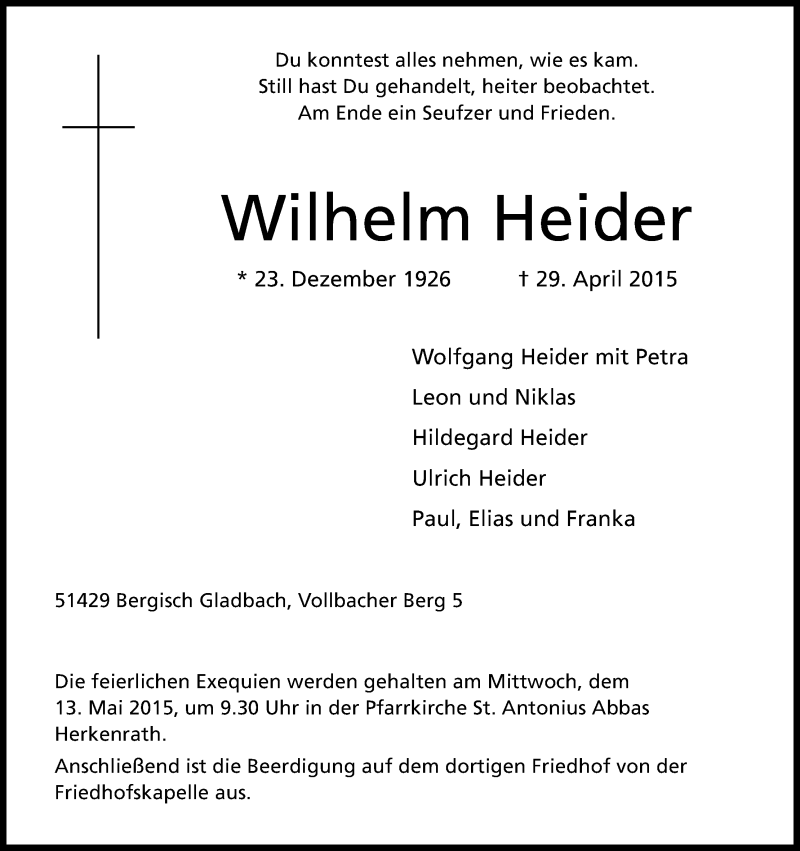  Traueranzeige für Wilhelm Heider vom 05.05.2015 aus Kölner Stadt-Anzeiger / Kölnische Rundschau / Express