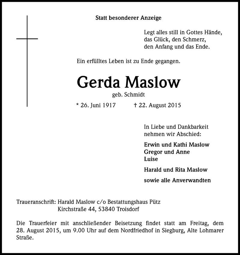  Traueranzeige für Gerda Maslow vom 25.08.2015 aus Kölner Stadt-Anzeiger / Kölnische Rundschau / Express