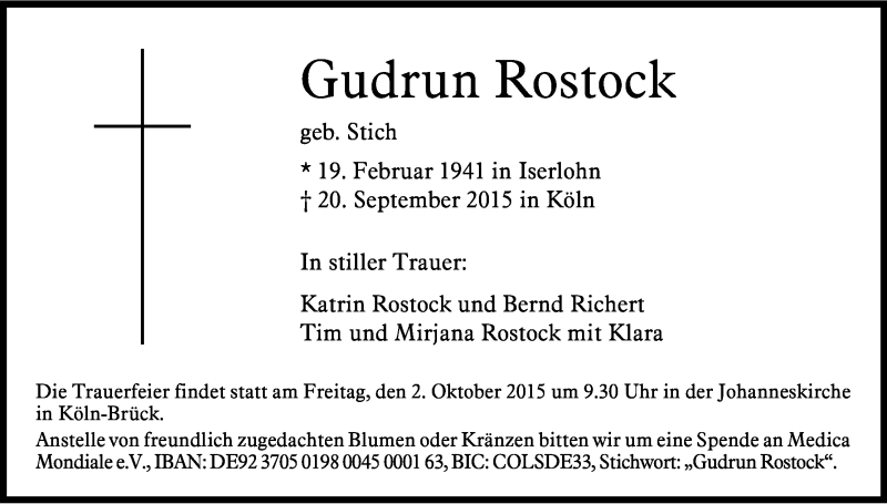  Traueranzeige für Gudrun Rostock vom 26.09.2015 aus Kölner Stadt-Anzeiger / Kölnische Rundschau / Express