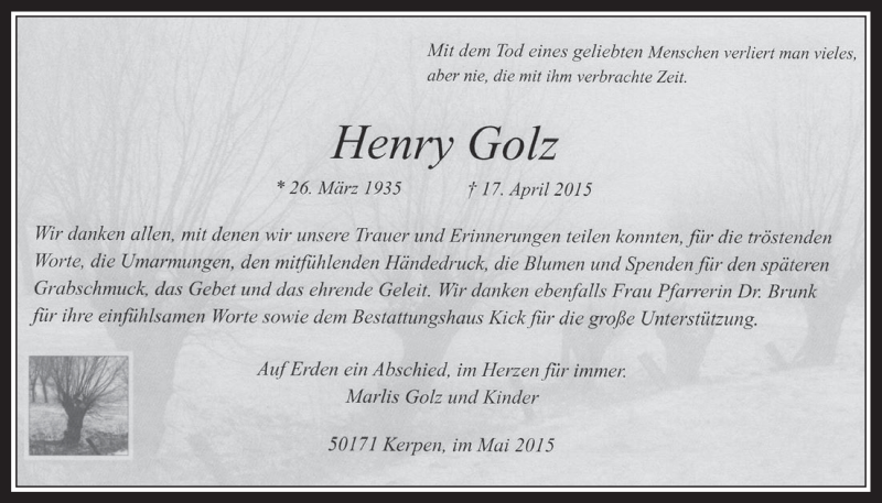  Traueranzeige für Henry Golz vom 13.05.2015 aus  Werbepost 