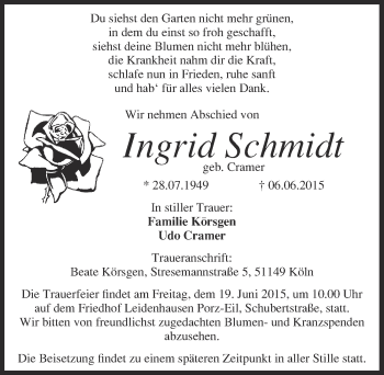 Anzeige von Ingrid Schmidt von  Kölner Wochenspiegel 