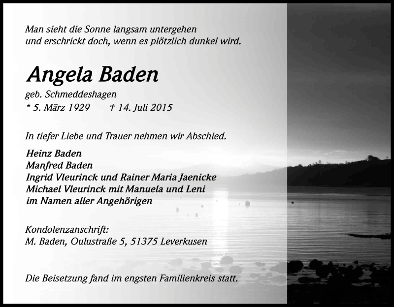  Traueranzeige für Angela Baden vom 01.08.2015 aus Kölner Stadt-Anzeiger / Kölnische Rundschau / Express