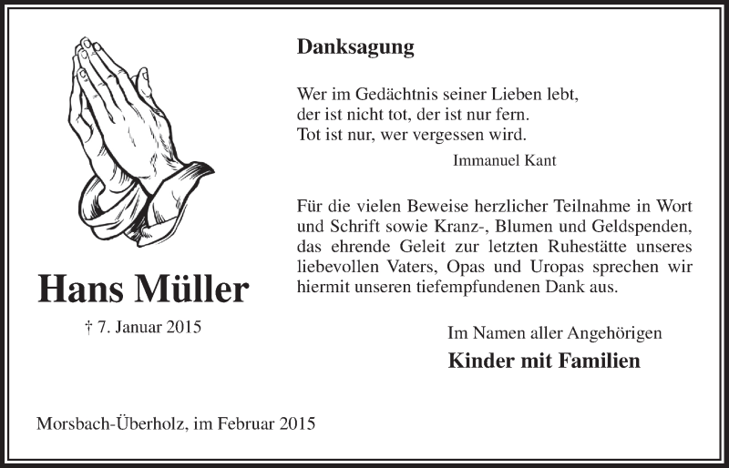  Traueranzeige für Hans Müller vom 25.02.2015 aus  Lokalanzeiger 