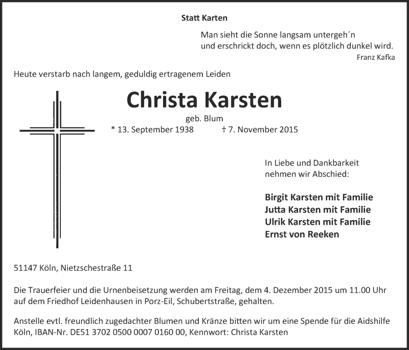  Traueranzeige für Christa Karsten vom 18.11.2015 aus  Kölner Wochenspiegel 