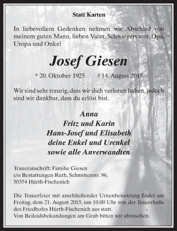Anzeige von Josef Giesen von  Wochenende 