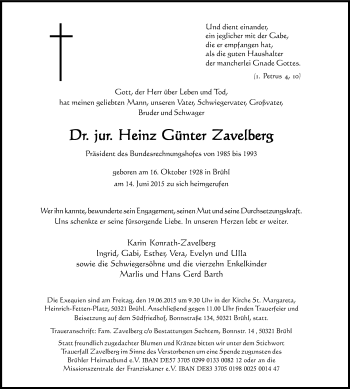 Anzeige von Heinz Günter Zavelberg von Kölner Stadt-Anzeiger / Kölnische Rundschau / Express