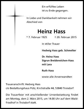 Anzeige von Heinz Hass von Kölner Stadt-Anzeiger / Kölnische Rundschau / Express