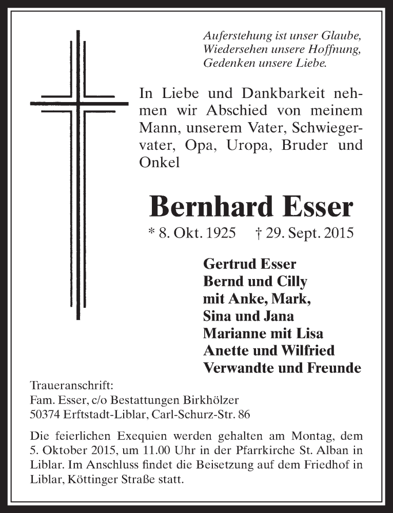  Traueranzeige für Bernhard Esser vom 02.10.2015 aus  Sonntags-Post 