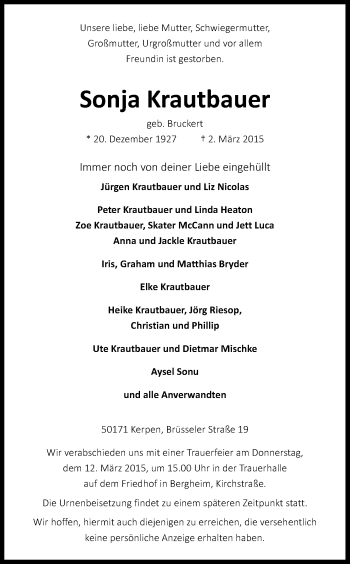 Anzeige von Sonja Krautbauer von Kölner Stadt-Anzeiger / Kölnische Rundschau / Express