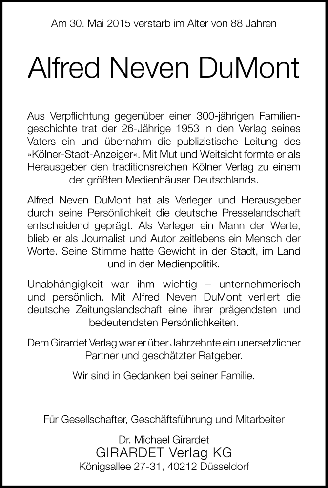  Traueranzeige für Alfred Neven DuMont vom 06.06.2015 aus Kölner Stadt-Anzeiger / Kölnische Rundschau / Express