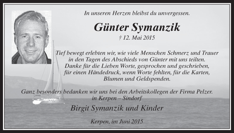  Traueranzeige für Günter Symanzik vom 17.06.2015 aus  Werbepost 