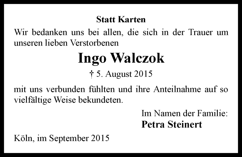  Traueranzeige für Ingo Walczok vom 09.09.2015 aus  Kölner Wochenspiegel 