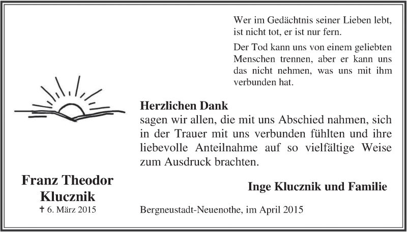  Traueranzeige für Franz Theodor Klucznik vom 01.04.2015 aus  Anzeigen Echo 