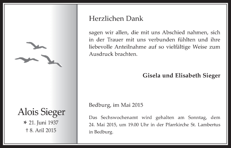  Traueranzeige für Alois Sieger vom 13.05.2015 aus  Werbepost 